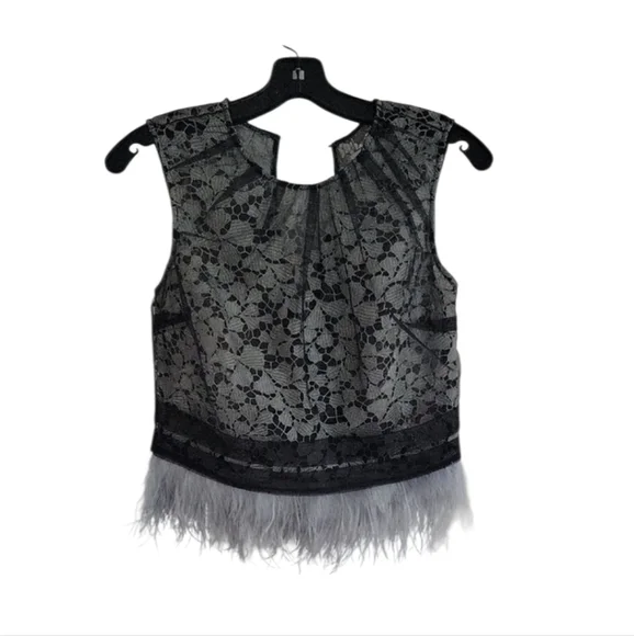 Self-Portrait Lace Tulle Overlay Top With Gray Feather Trim Size 4